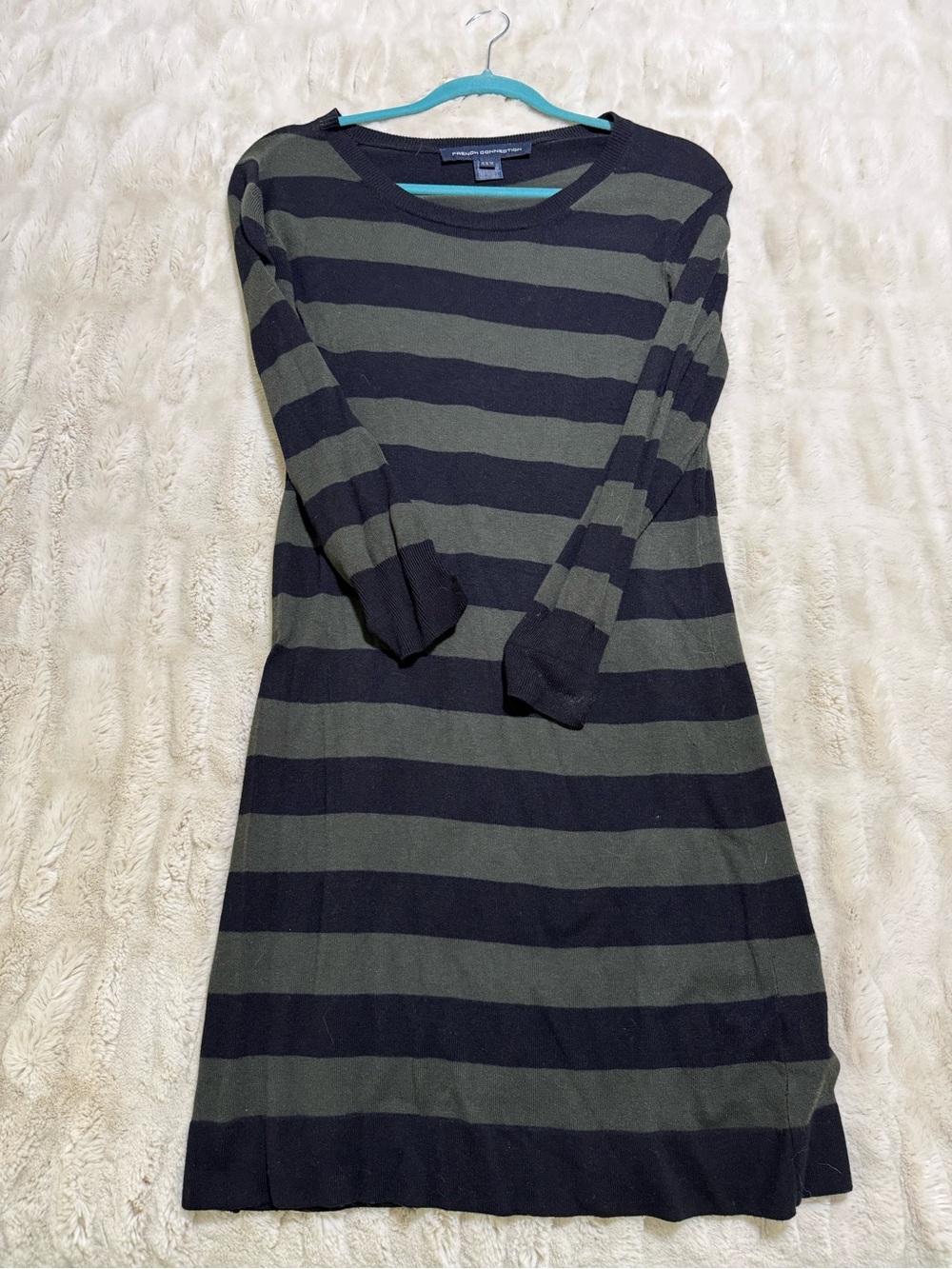 French Connection Olive Green and Black Striped Knit Dress Size 10